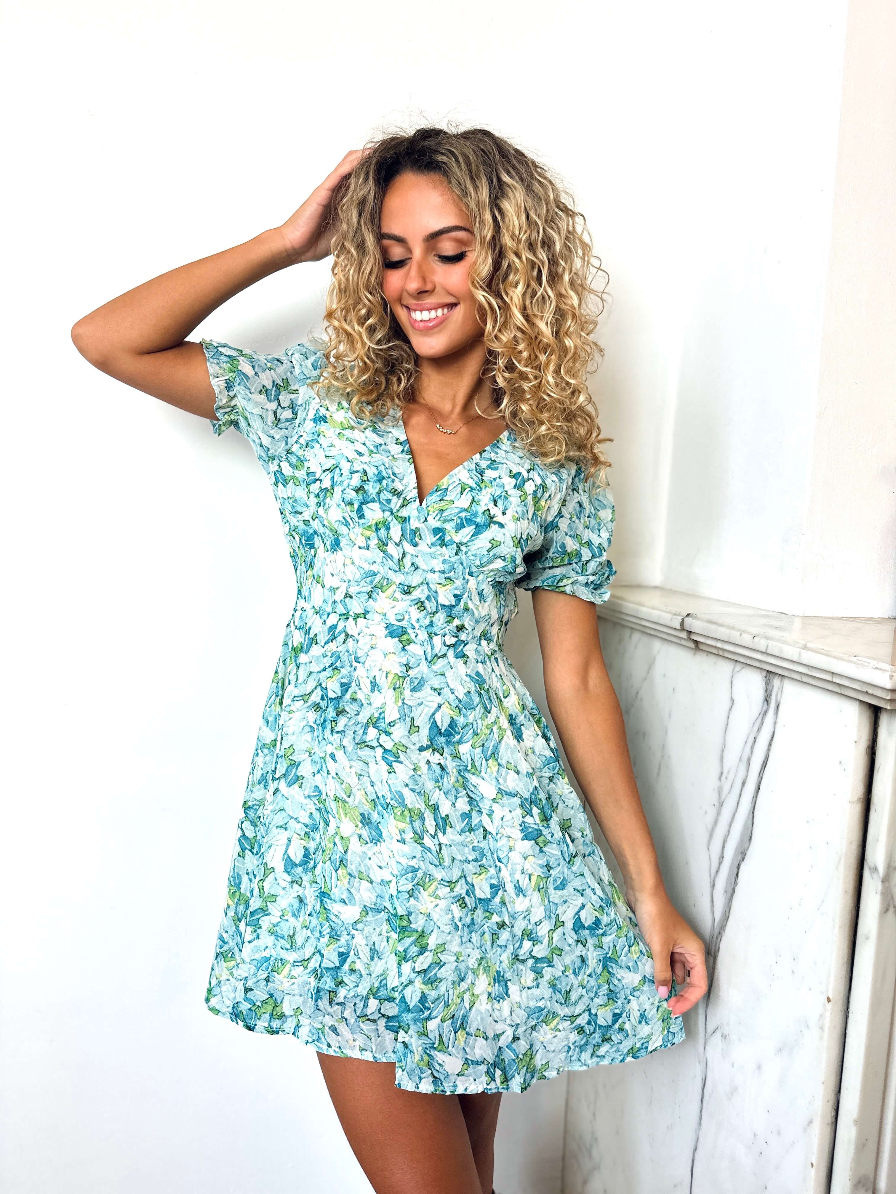 Robe fleurie turquoise - JULIETTE - Image 2